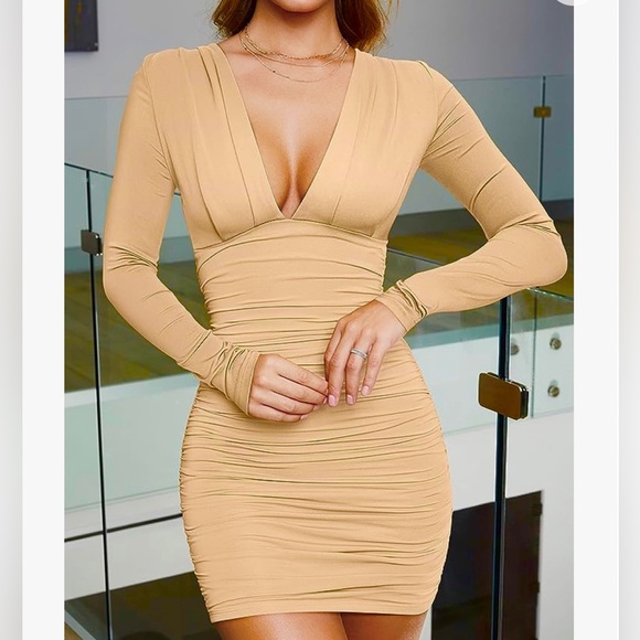 Amazon Long Sleeve V Neck Ruched Bodycon Cocktail Party Mini Dress - Picture 1 of 5